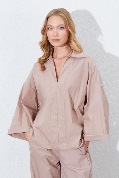 TENA Women's Mink Deep V-Neck Elbow Sleeve Casual Shirt