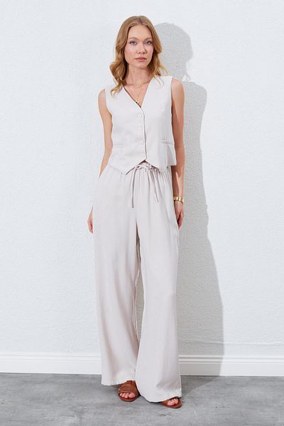 TENA Women's Light Beige Wide Leg Elastic Waist Trousers