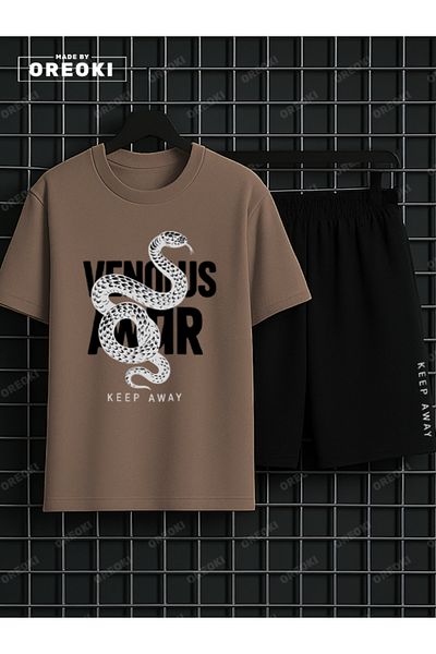EFFRENATU Stand Back Printed Cotton Men's Light Brown T-Shirt-Black Shorts Set