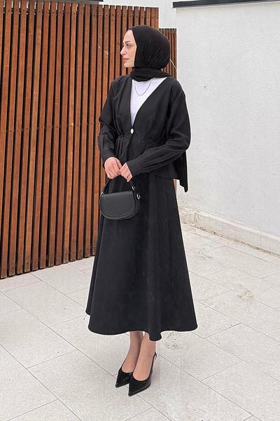 lamelif Button Detailed Skirt-Jacket Hijab Suit Black