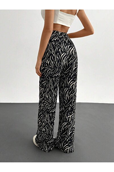 VHTMODA Kadın SİYAH BEYAZ Yüksek Bel Yazlık Bol Pantolon
