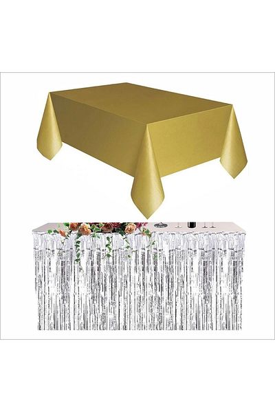 ZENVİVA 4 Pieces Gold Table Cloth, Silver Table Skirt, 2 Pieces Silver Backgrounds