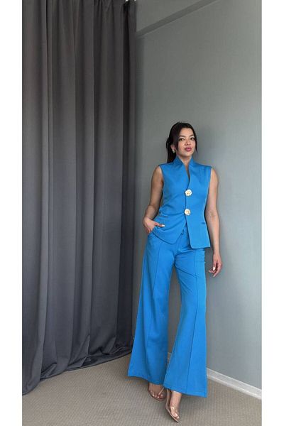 AlisaSu Women's Dark Blue Gold Buttoned Vest Pants Suit