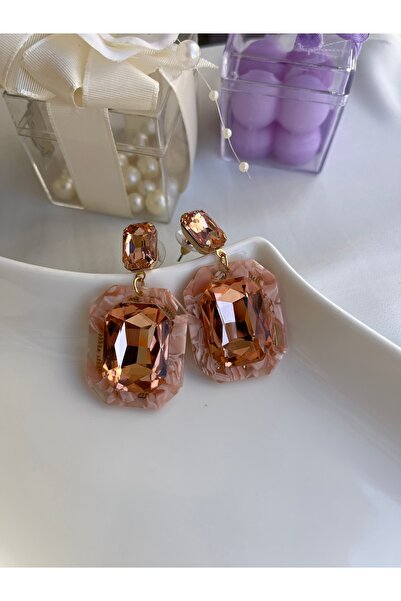 Metal Kristal Taşlı Gül Kurusu Küpe