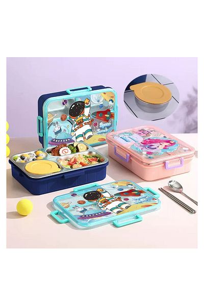 Fab N Funky Clip Lock Space Secret Lunch Box with Food Jar, Durable- Blue