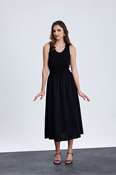 Sense Lycra Viscose Top Polyviscose Bottom Elastic Waist Sleeveless Long Dress |   Elb36256 Black