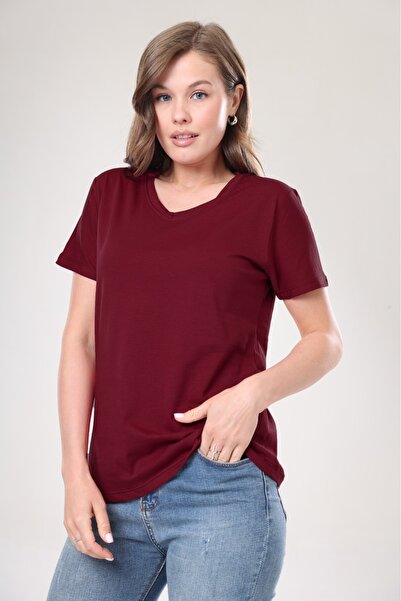 Tight Lady %100 Pamuk Süper Kalite Soft Bordo V Yaka Kadın Basic Tişört Örme Pamuk Penye T-shirt