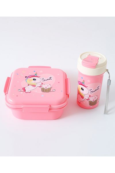 Fab N Funky طقم صندوق غداء وزجاجة مياه بطبعة يونيكورن، خالٍ من مادة BPA، وردي - 3 قطع