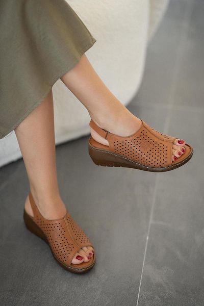 Parponi New Women's Genuine Leather Wedge Heeled Shoes Brown