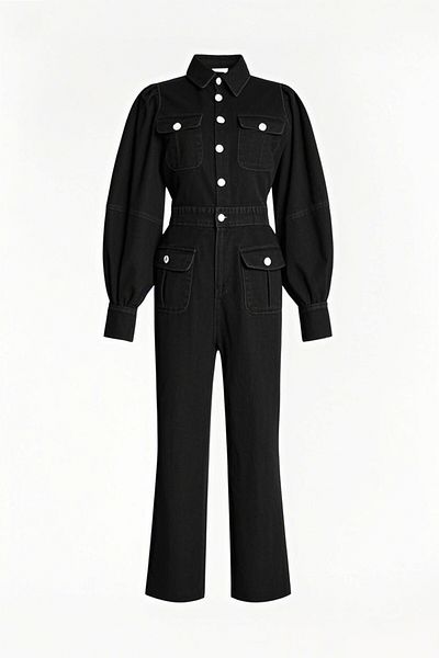 Şans Women's Plus Size Black Bellows Pocket Sleeves Drawstring Detail Washed Denim Jumpsuit 65N38883
