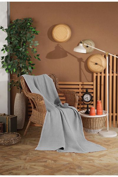destinyhometex Light Gray Waffle Pattern Fringeless Sofa Cover/Tv Blanket 140X200Cm