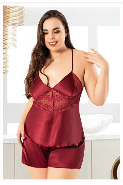 Viselya Set pantaloni scurți din satin burgundy, mărime mare