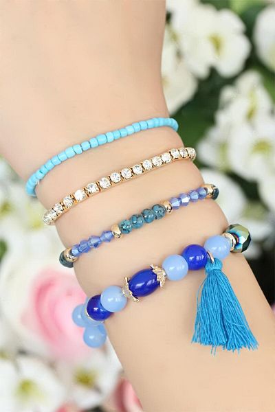 BESKAR Multiple Bracelet with Blue Beads and Tassels
