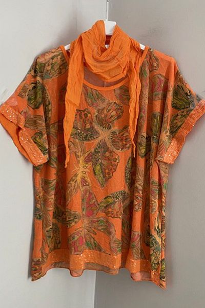 AYASOFYA OTANTIK Women's Italian Orange Scarf Butterfly Patterned Sleeves and Hem Sequined Loose Blouse