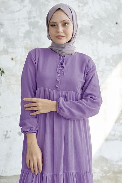 InStyle Yoryo Lavender Chiffon Dress with Lace-Up Collar