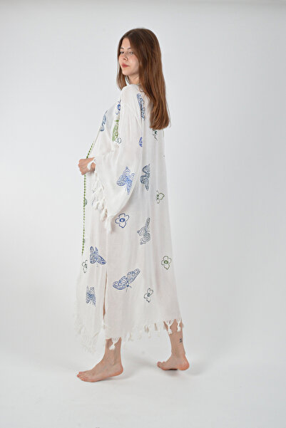 REİNA TEKS Viscon Kimono Bathrobe White Retro Colorful Butterfly Pattern Cotton Printed Pareo 1 Piece Unisex