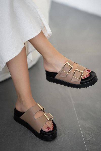 Parponi Dallas Buckle Women's Leather Flat Sole Slippers Mink