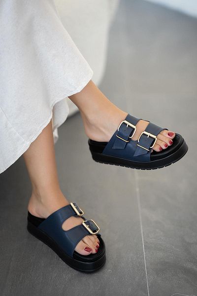 Parponi Dallas Buckle Women's Leather Flat Sole Slippers Navy Blue