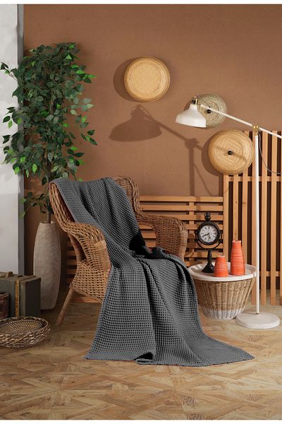 destinyhometex Dark Gray Color Waffle Pattern Fringeless Sofa Cover / Tv Blanket 140X200Cm
