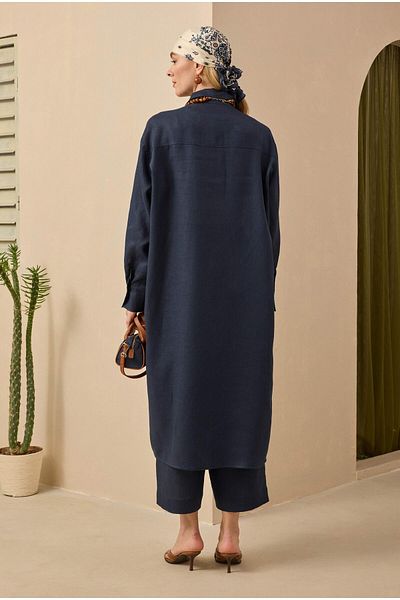 HEQA Ακατέργαστο λινό μακρύ πουκάμισο Midnight Blue