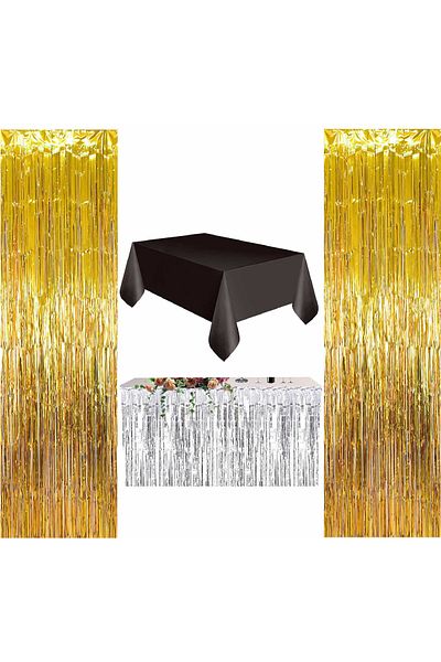 ZENVİVA 4 Pieces Black Table Cloth, Silver Table Skirt, 2 Pieces Gold Back