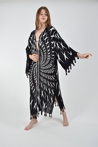 REİNA TEKS Viscon Kimono Bathrobe Black Retro Hypnosis Pattern Cotton Printed Pareo 1 Piece Unisex