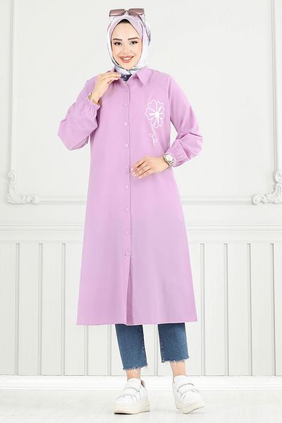 ModaMerve Λεπτομέρεια κεντήματος Hijab Tunic 4095PM1063-M Λιλά