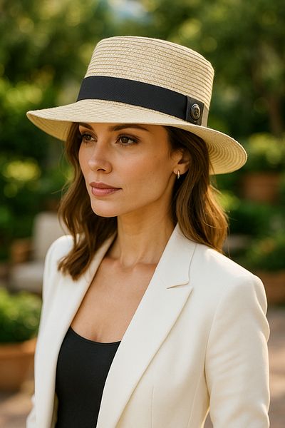 LAGRANZE Women's Beige Straw Fedora Hat with Ribbon Metal Accessory Detail Summer