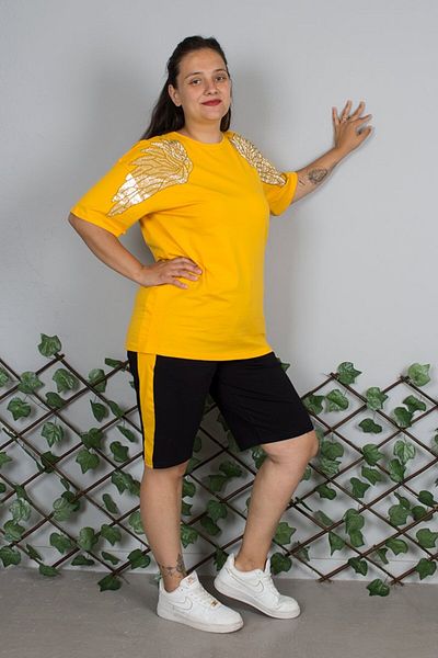 Truva XXL Plus Size Angel Wing Sequin Embroidered Shorts Combed Cotton Suit |   Striped Shorts – Comfortable and Stylish