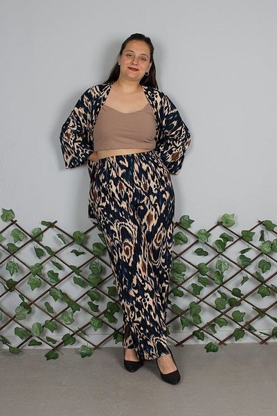 Truva XXL Large Size Navy Blue Patterned Kimono Suit |   Soft Crepe Fabric
