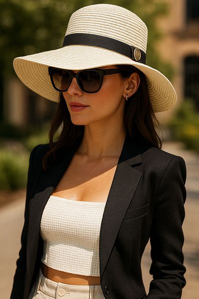 LAGRANZE Women's Cream Straw Fedora Hat with Ribbon Metal Accessory Detail Summer