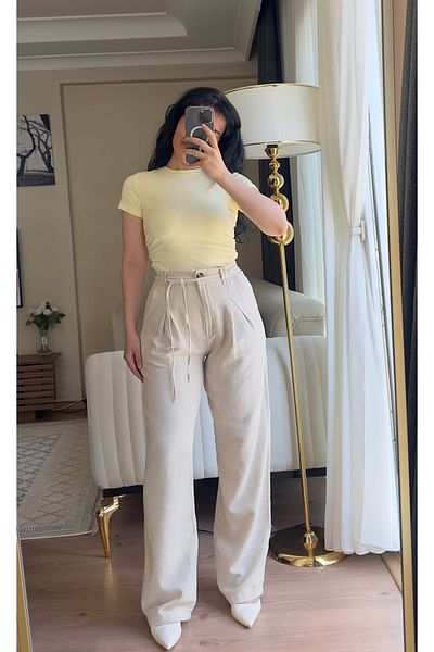 Elegant Elastic Waist Linen Trousers
