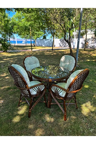 KLAS BAMBU Şirin 4 Kişilik Bambu Bahçe Takımı Yuvarlak - Ceviz Renk, Şık, Kon...