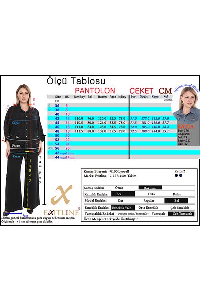 EXİTLİNE Women's Double Black Mink Color Summer Suit Top Trousers