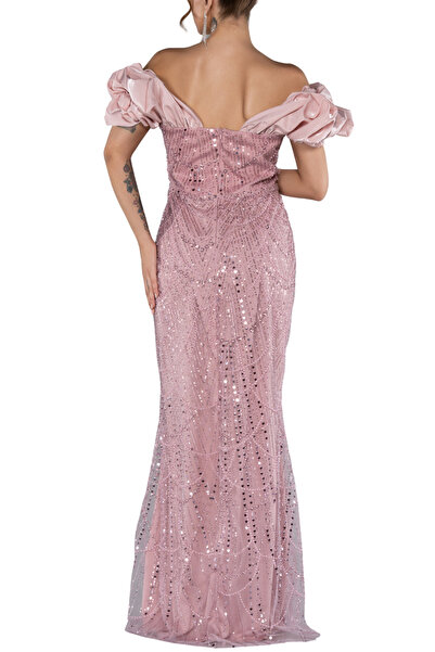 Arden Uzun Balık Abiye, Pudra Pul Payetli, Straplez, Ay Kol Düğün, Nişan, Gala, Mezuniyet Elbisesi, 38-48