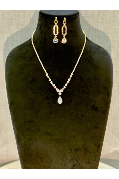 FASHİON JEWELRY Zerra Bella Kuyumcu Model Altın Kaplama Cm Taşlı Kolye ve Küpe