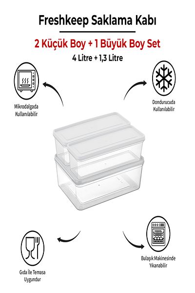 bizimevde 3 Storage Containers (1 Large-2 Medium Size) 4 Liters + 1.3 Liters Deep Freezer Microwave Compatible