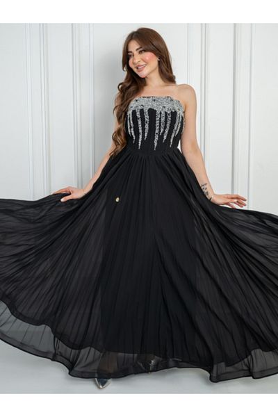 Nice Model Black Strapless Pleated Chiffon Evening Gown with Silver Sequin Embellishments - Formal Prom Dress