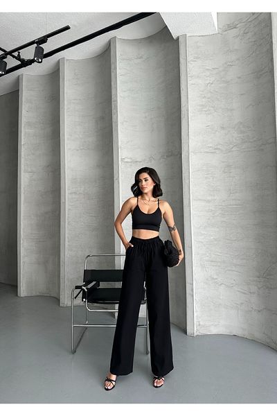BROWSER Women's Black Wide Leg High Waist Linen Blend Elastic Trousers - Summer Relaxed Fit