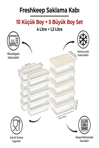 bizimevde 15 Storage Containers (5 Large-10 Medium Size) 4 Liters + 1.3 Liters Deep Freezer Microwave Compatible