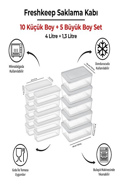 bizimevde 15 Storage Containers (5 Large-10 Medium Size) 4 Liters + 1.3 Liters Deep Freezer Microwave Compatible