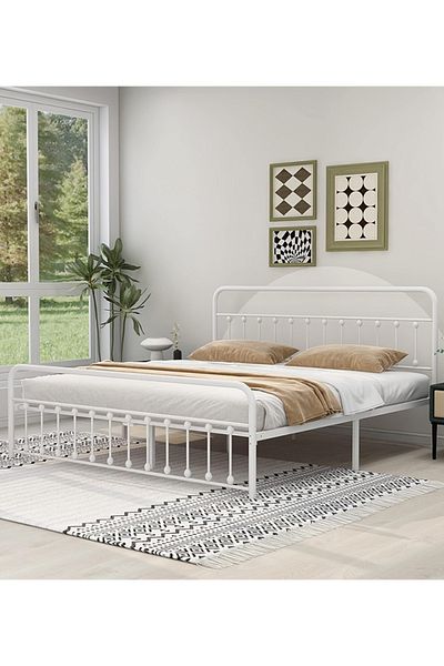 Generic Iron Bed 2 Persons Bed with Bottom Storage for Adults and Kids Modern Design White 200x200cm