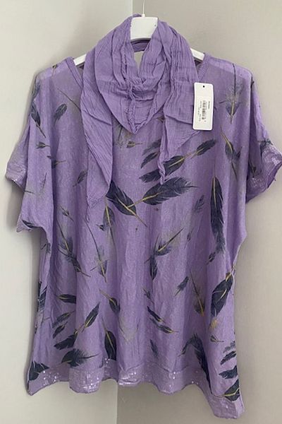AYASOFYA OTANTIK Women's Italian Lilac Scarf Feather Patterned Sleeves and Hem Sequined Loose Blouse