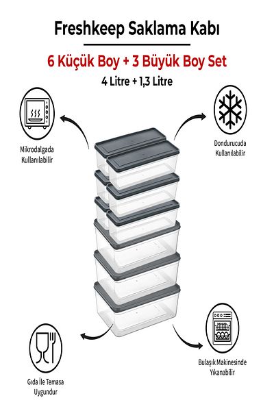 bizimevde 9 Storage Containers (3 Large-6 Medium Size) 4 Liter + 1.3 Liter Deep Freezer Microwave Compatible