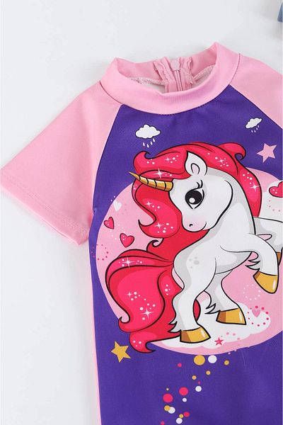 gnygiyim Girl's Character Patterned Uw Protected Jumpsuit Swimsuit with Hidden Zipper Belt