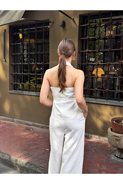 Bak'ap Premium Bussines Cream Striped Vest -Pants 2-Piece Suit