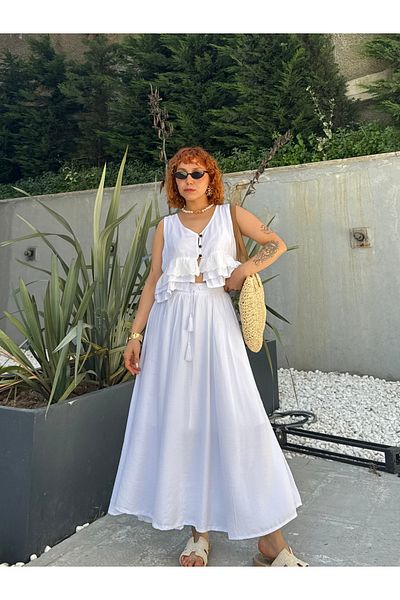 Bak'ap Premium Brode Detailed Bohemian Blouse - Tied Long Summer Skirt Double Set
