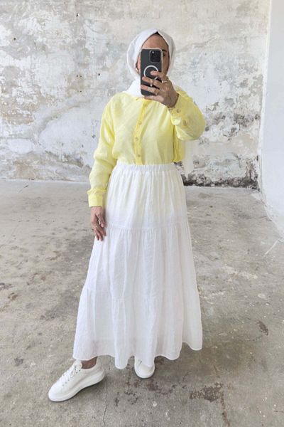 Hatun Atila Relaxed Cut Elastic Waist Layered Long Skirt 5213 - White