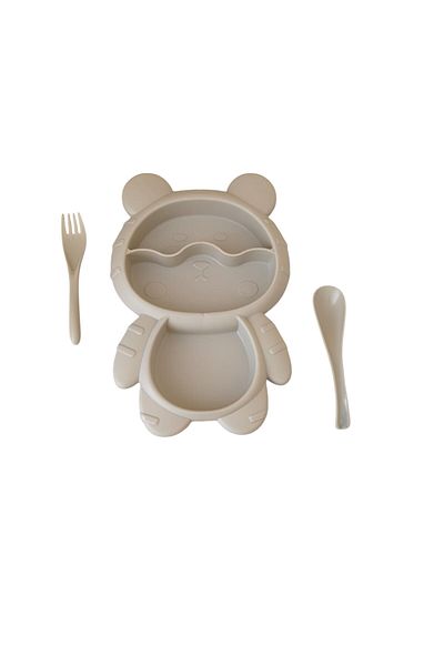 Leony Teddy Bear Shaped 3 Compartment Children's Baby Food Plate with Fork and Spoon Feeding Container