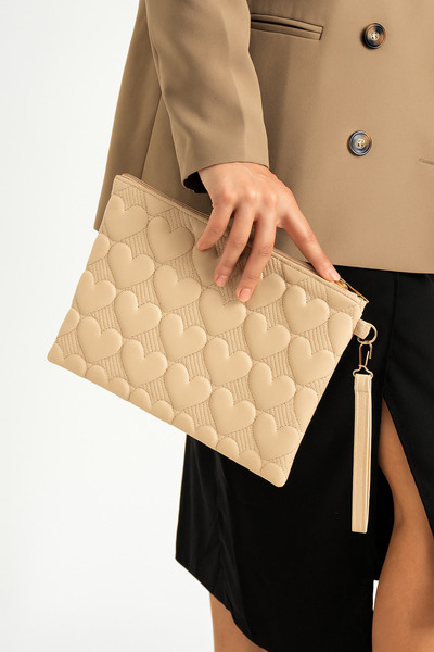 Bagfoni Beige Color Heart Patterned Portfolio Clutch Hand Bag 25X19 cm